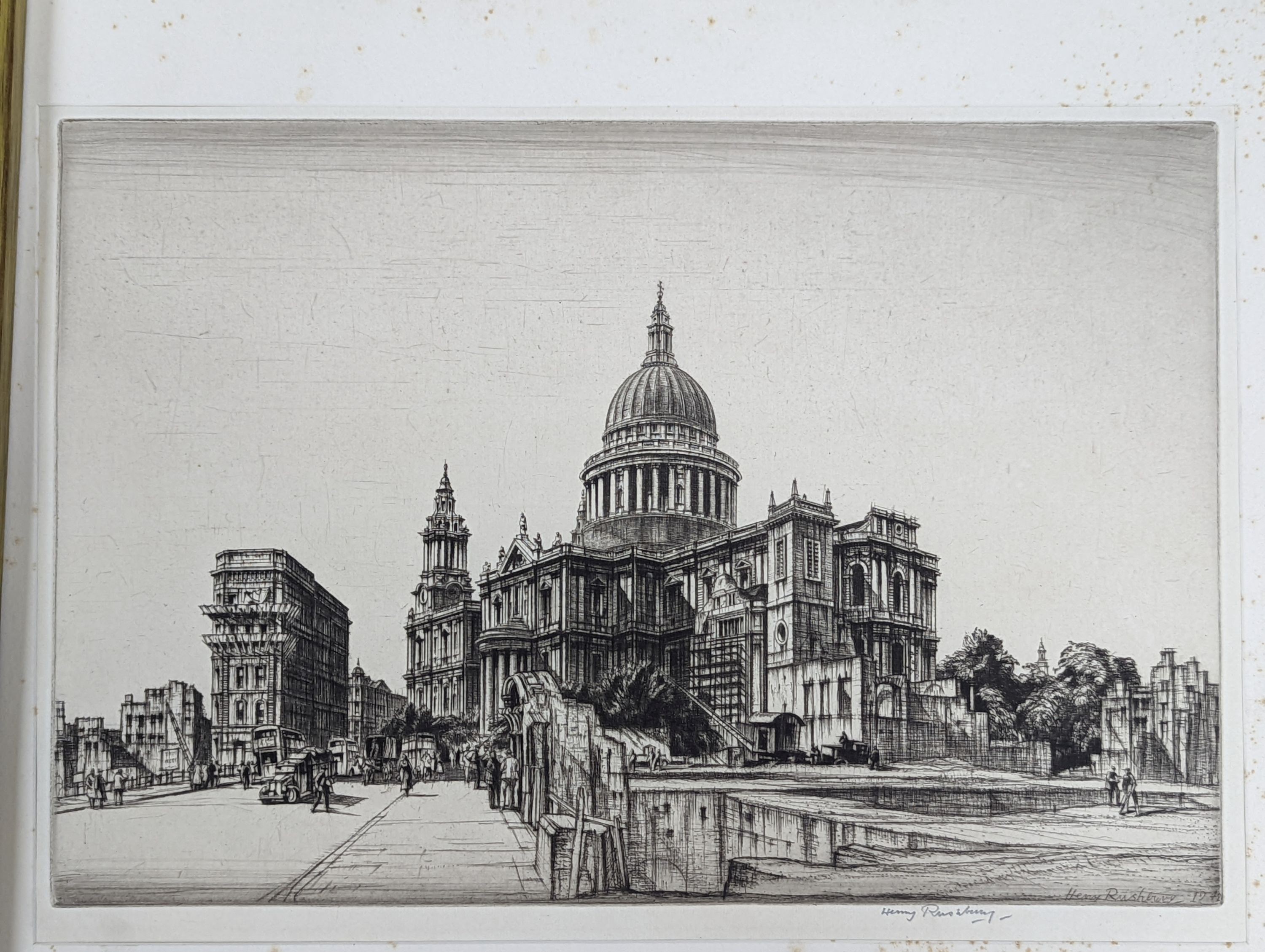 Sir Henry Rushbury RA (1889-1968), dry point etching, View of St Paul's during the Blitz, signed in pencil and dated 1942 in the plate, 25 x 37cm, unframed